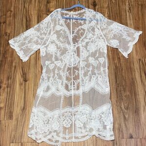 Mi Ami women’s large XL duster cardigan kimono  White Lace sheer tie front boho